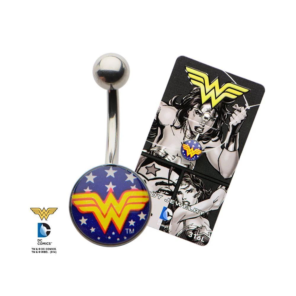Wonder Woman Belly Ring 14G 1/2” CZ Dangle |Gold Plated Navel Jewelry| DC Comics - Picture 3 of 4